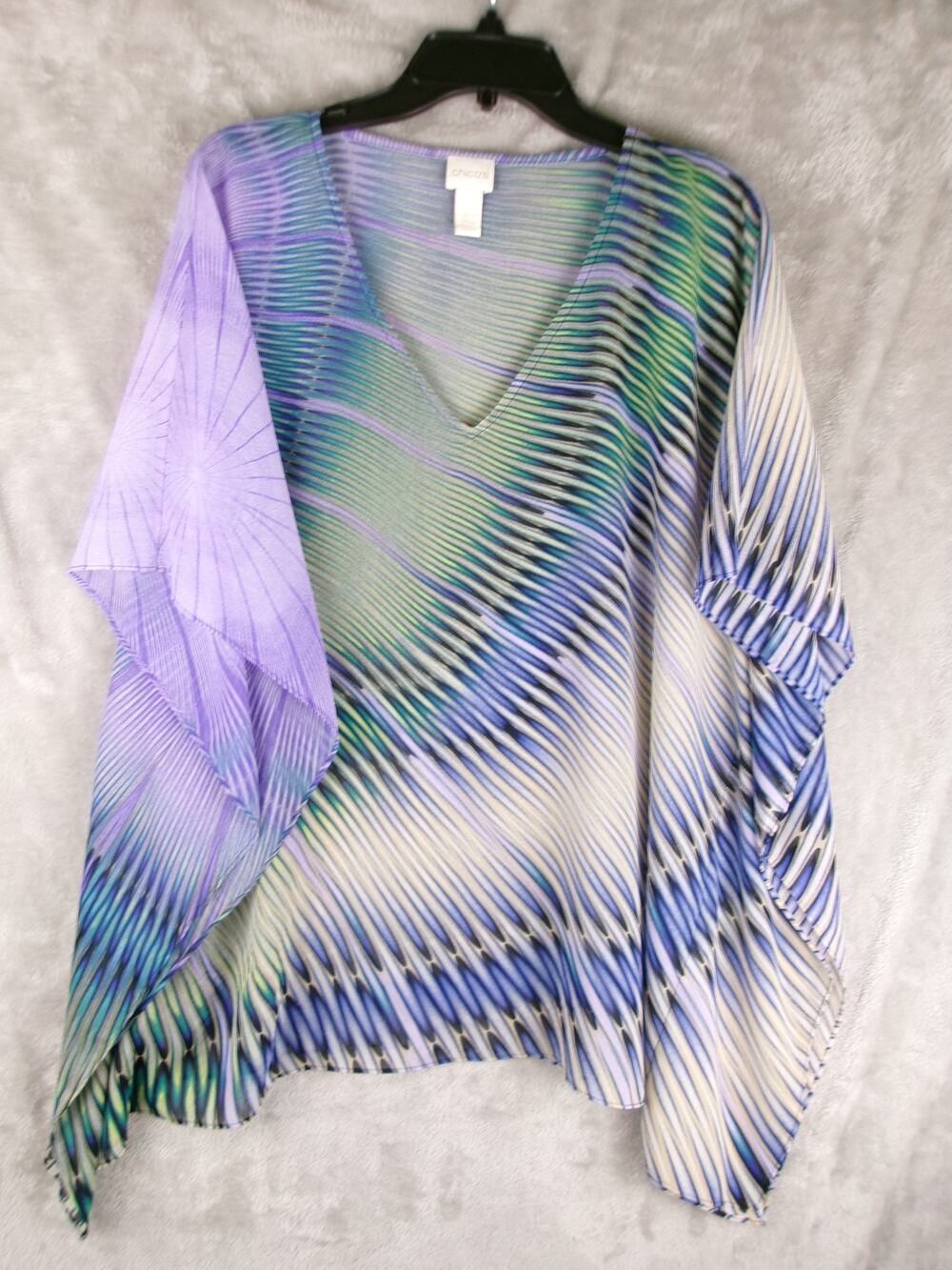 Chico's Abstract Stripe Poncho Blouse Purple Blue Green Flowy V-Neck S/M